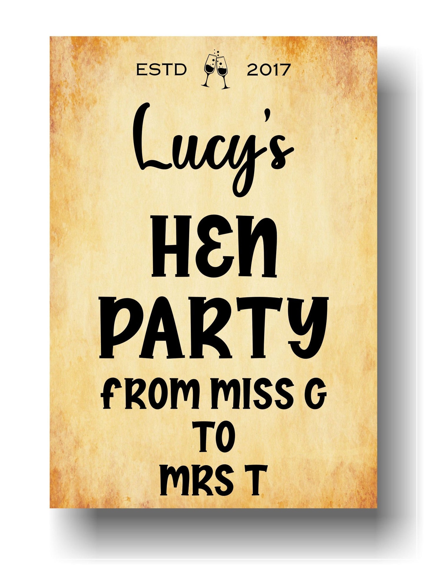 Hen Party Bottle Labels  x2 - Vintage Style - Hen Do Any Name Year and Message - To fit Wine Alcohol Bottles 68x99mm