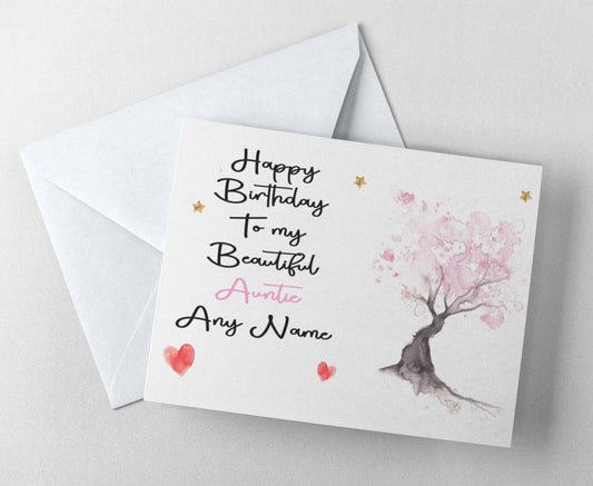 Auntie Birthday Card - Watercolour Cherry Tree  Happy Birthday - Novelty Greetings Card Add Name