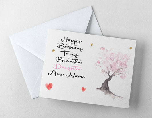 Daughter Birthday Card - Watercolour Cherry Tree  Happy Birthday - Novelty Greeting Card Add Name