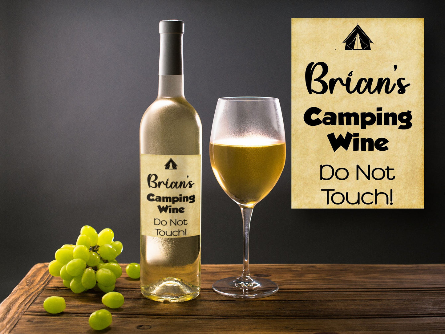 Personalised Camping Gift Bottle Labels  x2 - Vintage Style - Any Name and Message - To fit Wine Alcohol Bottles 68x99mm