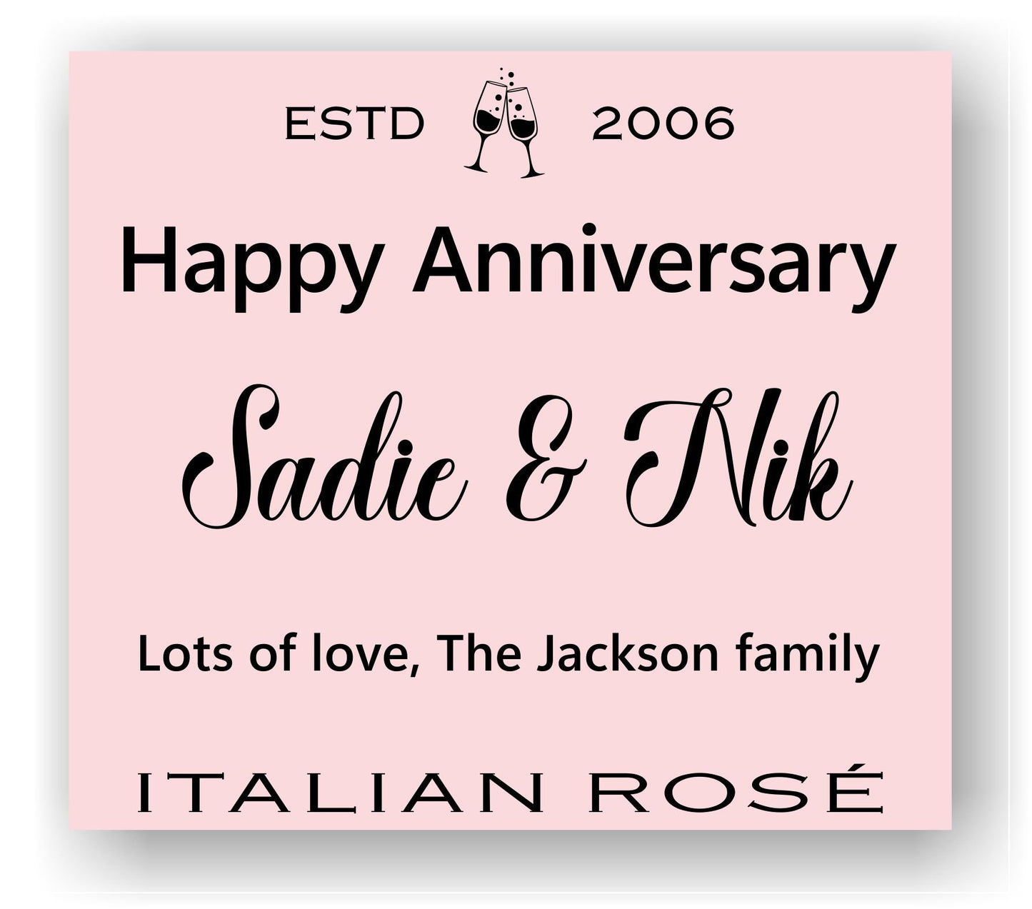 Happy Anniversary Bottle Labels  x2 - Pink or Grey - Any Name Year and Message - To fit Prosecco Wine Bottles