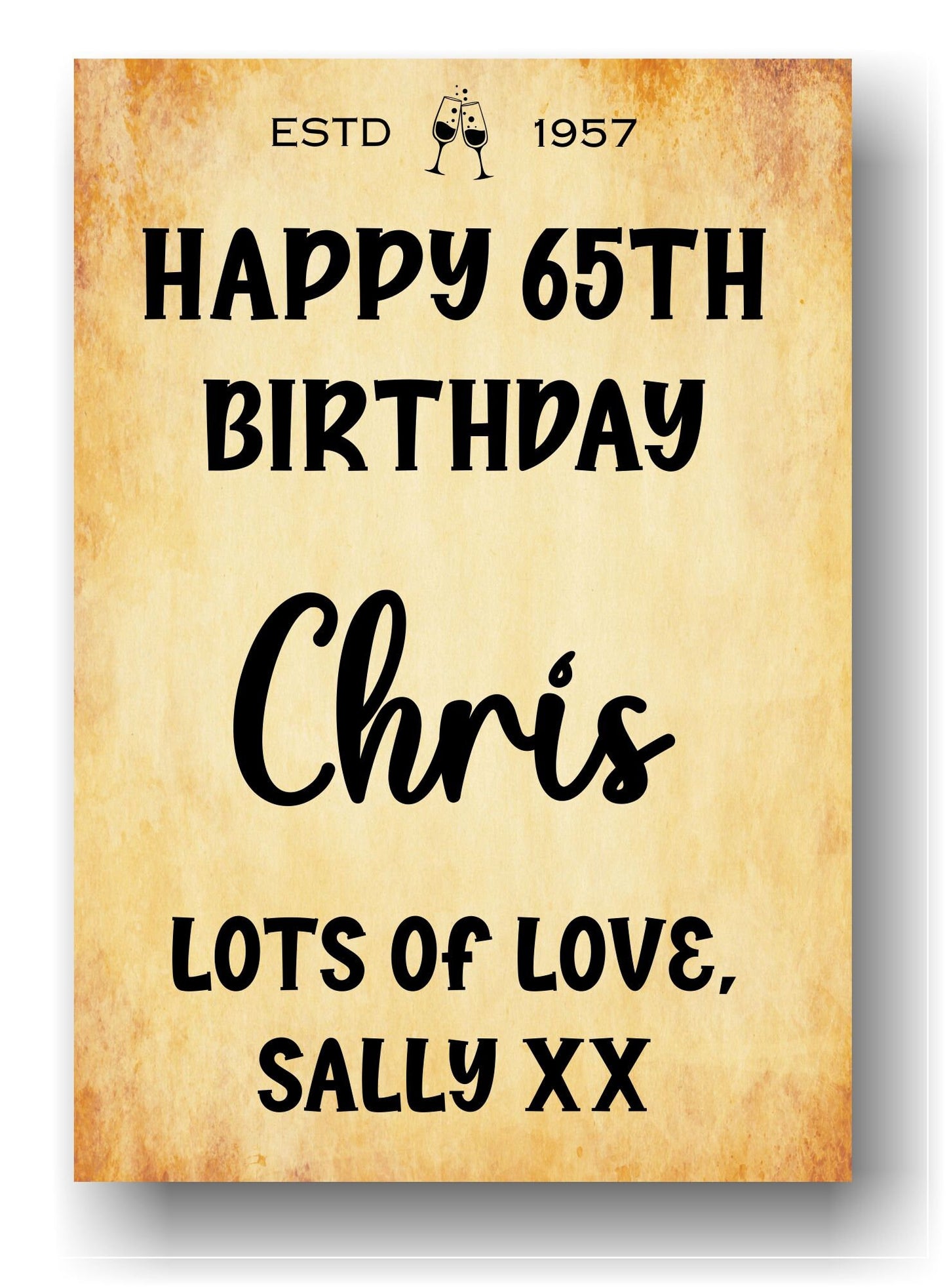Happy Birthday Bottle Labels  x2 - Vintage Style - Any Name Age Year and Message - To fit Wine Alcohol Bottles 68x99mm