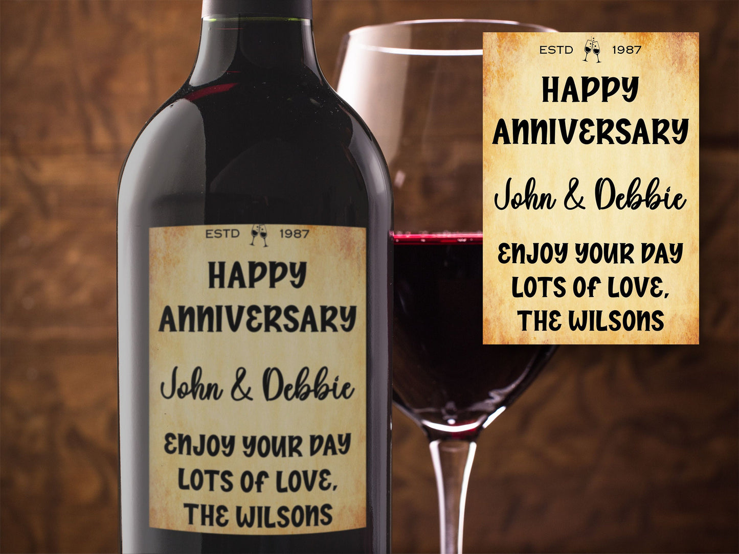 Happy Anniversary Bottle Labels  x2 - Vintage Style - Any Name Year and Message - To fit Wine Alcohol Bottles 68x99mm