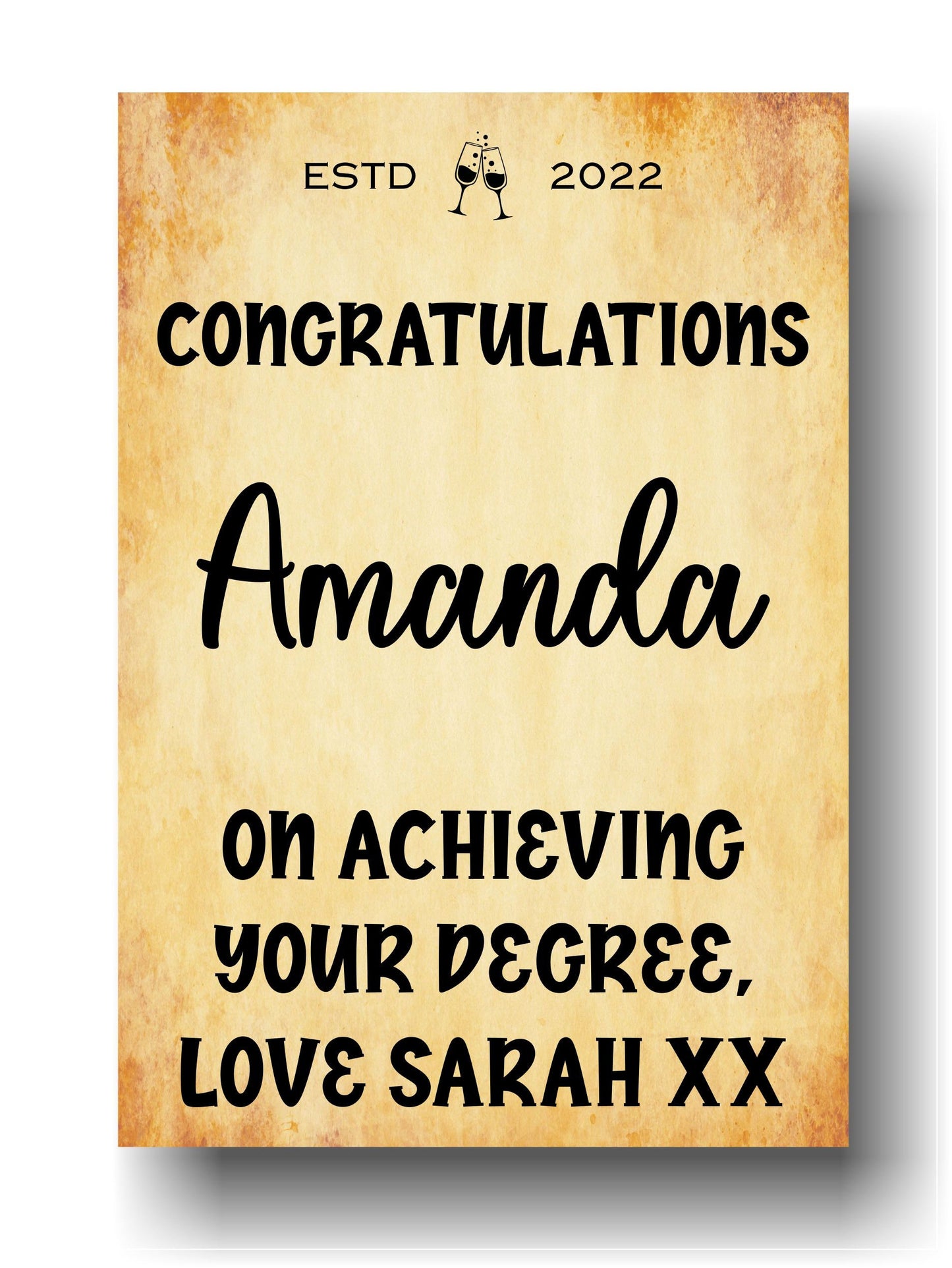 Congratulations Bottle Labels  x2 - Vintage Style - Any Name Year and Message - To fit Wine Alcohol Bottles 68x99mm