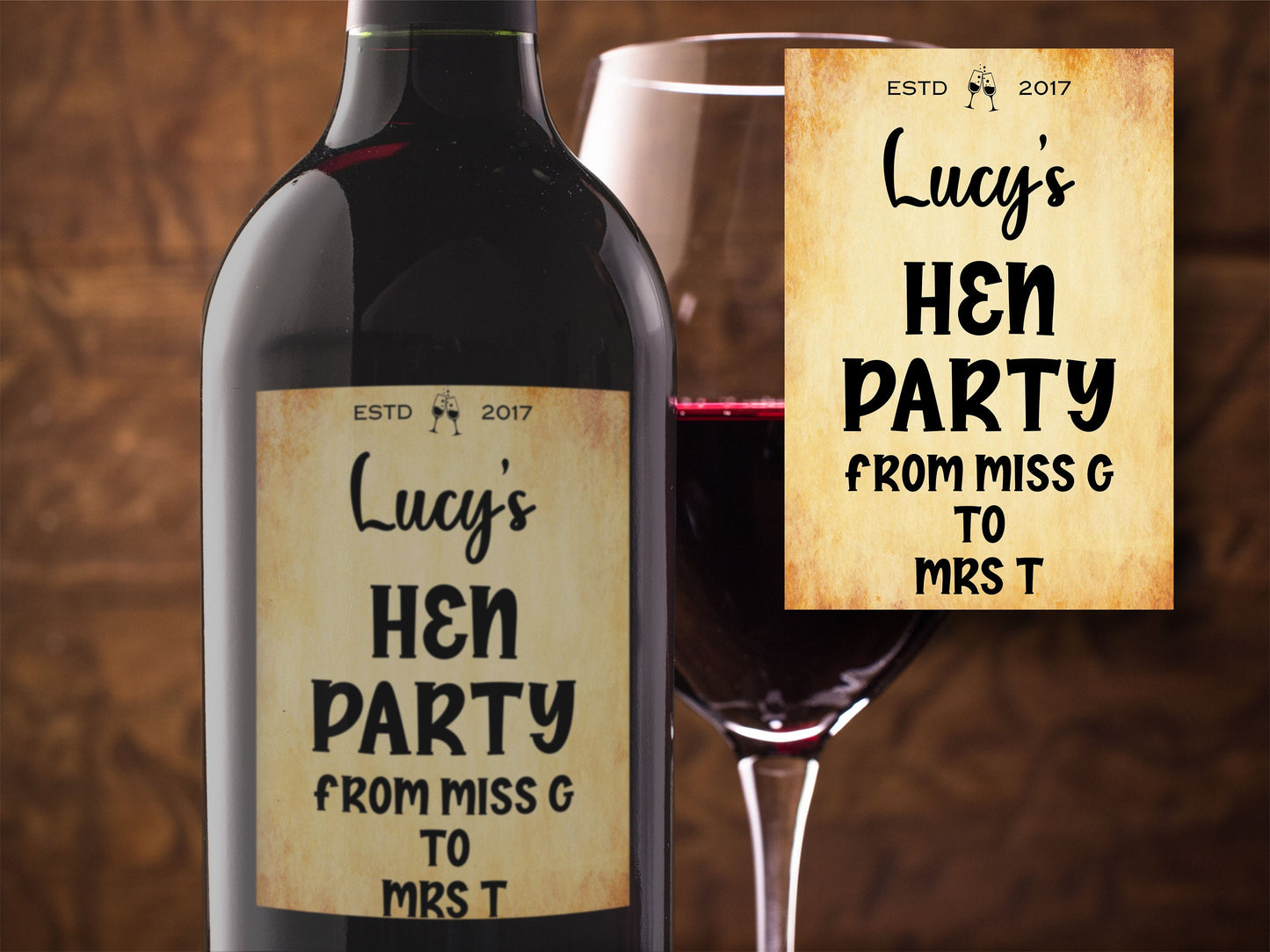 Hen Party Bottle Labels  x2 - Vintage Style - Hen Do Any Name Year and Message - To fit Wine Alcohol Bottles 68x99mm