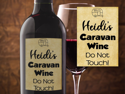 Personalised Caravan Gift Bottle Labels  x2 - Vintage Style - Any Name and Message - To fit Wine Alcohol Bottles 68x99mm