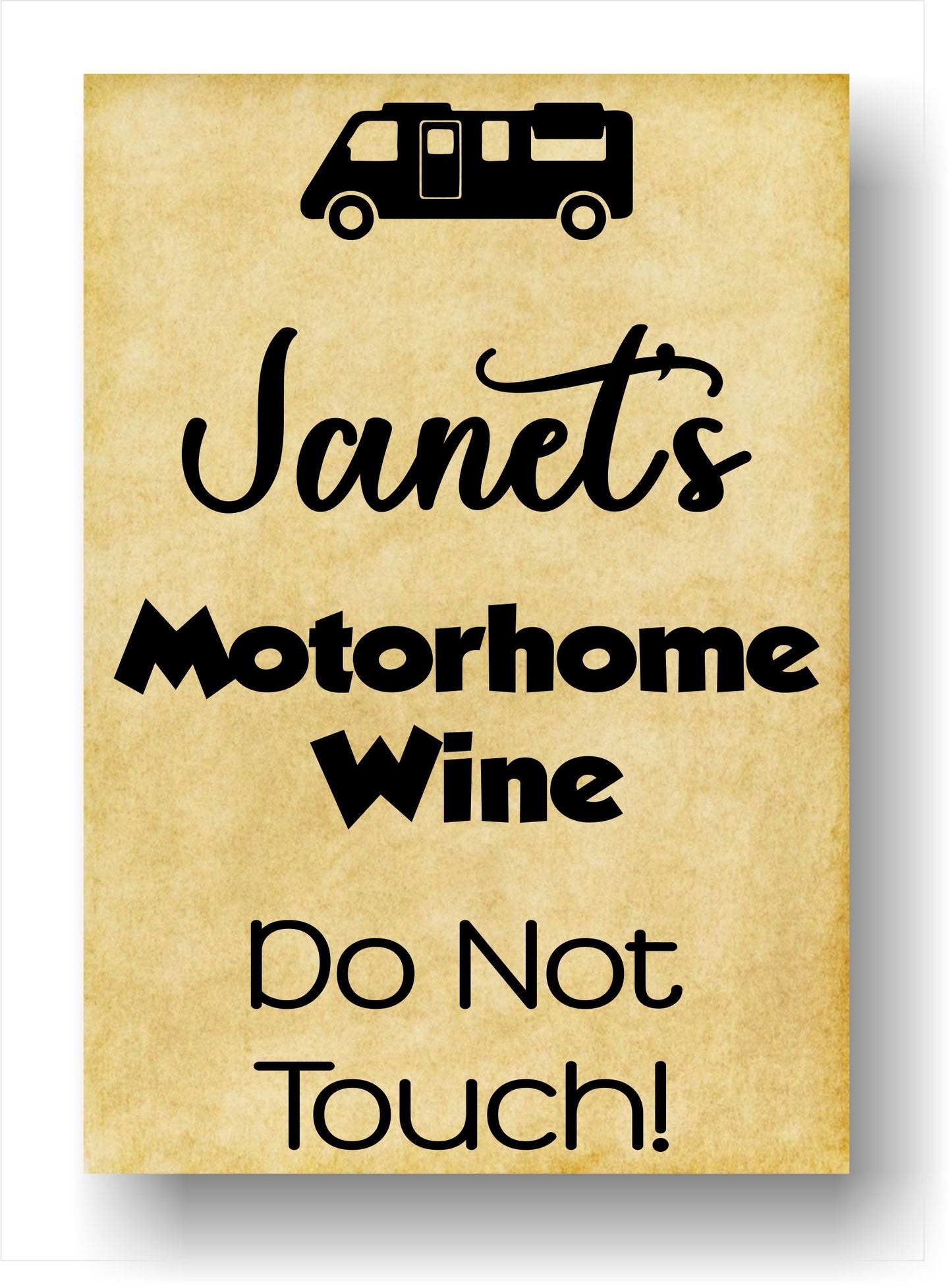 Personalised Motorhome Gift Bottle Labels  x2 - Vintage Style - Any Name and Message - To fit Wine Alcohol Bottles 68x99mm