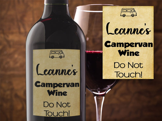 Personalised Campervan Gift Bottle Labels  x2 - Vintage Style - Any Name and Message - To fit Wine Alcohol Bottles 68x99mm