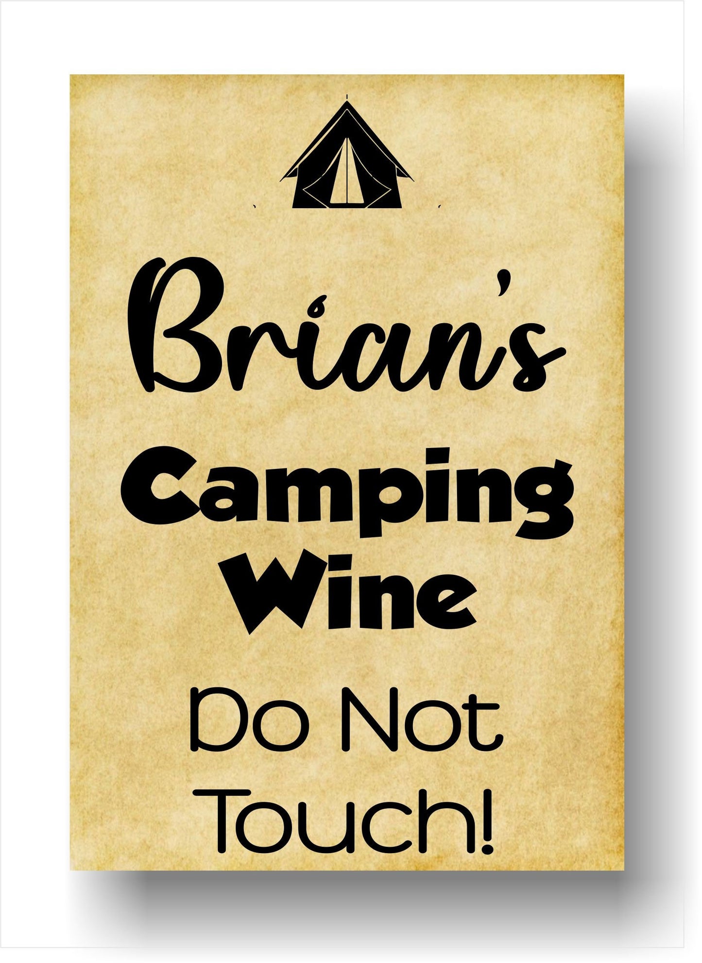 Personalised Camping Gift Bottle Labels  x2 - Vintage Style - Any Name and Message - To fit Wine Alcohol Bottles 68x99mm