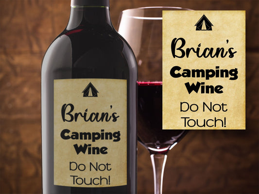 Personalised Camping Gift Bottle Labels  x2 - Vintage Style - Any Name and Message - To fit Wine Alcohol Bottles 68x99mm
