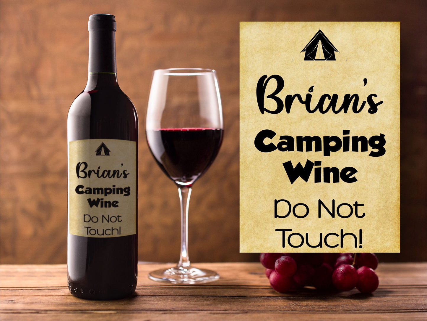 Personalised Camping Gift Bottle Labels  x2 - Vintage Style - Any Name and Message - To fit Wine Alcohol Bottles 68x99mm