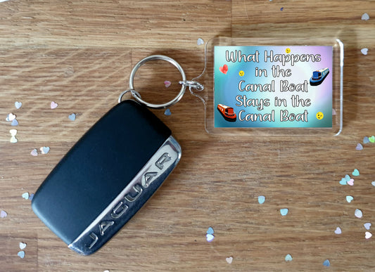 Canal Boat Keyring Gift -  What Happens In The Canal Boat - Fun Cheeky Novelty Birthday Present