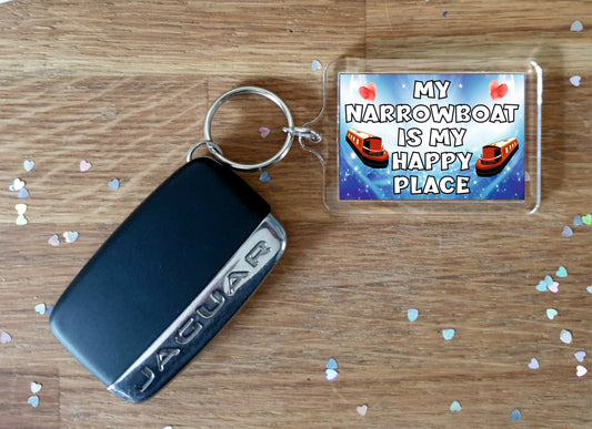 Narrowboat Keyring - My Narrowboat Is My Happy Place - Fun Novelty Canal Boat Birthday Present