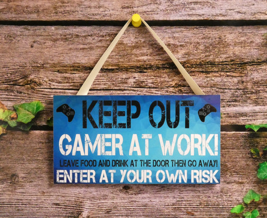 Gamer Plaque Gift - Keep Out Gamer At Work - Fun Door Sign Man Cave Xbox Videogame Console Present
